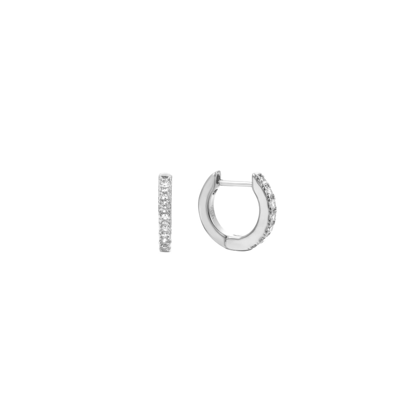 Silver pavé cubic zirconia huggie hoop earrings with a hinged closure, in stainless steel.