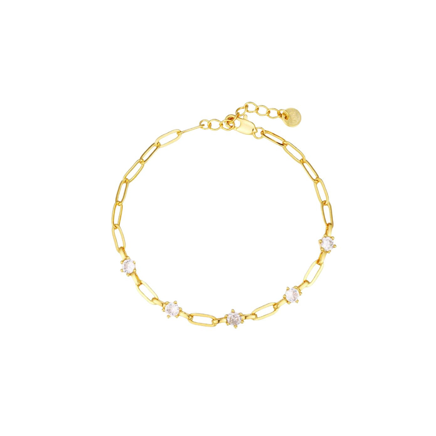 Gold paperclip chain bracelet with five round cubic zirconia stations, lobster clasp, adjustable extender, and Zoé disc tag, in 18k gold plating.