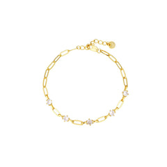 Gold paperclip chain bracelet with five round cubic zirconia stations, lobster clasp, adjustable extender, and Zoé disc tag, in 18k gold plating.