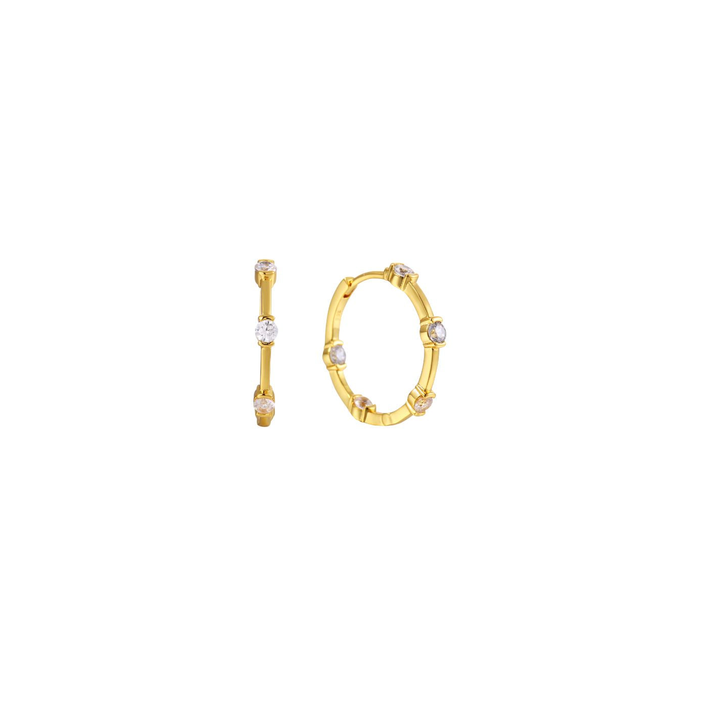 Gold 20mm hoop earrings with round clear cubic zirconia stations, hinged closure, in 18k gold plating.