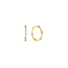 Gold 20mm hoop earrings with round clear cubic zirconia stations, hinged closure, in 18k gold plating.