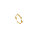Gold open adjustable chain-link ring with round clear cubic zirconia stations, 18k gold plating.