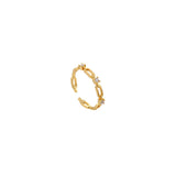 Gold open adjustable chain-link ring with round clear cubic zirconia stations, 18k gold plating.