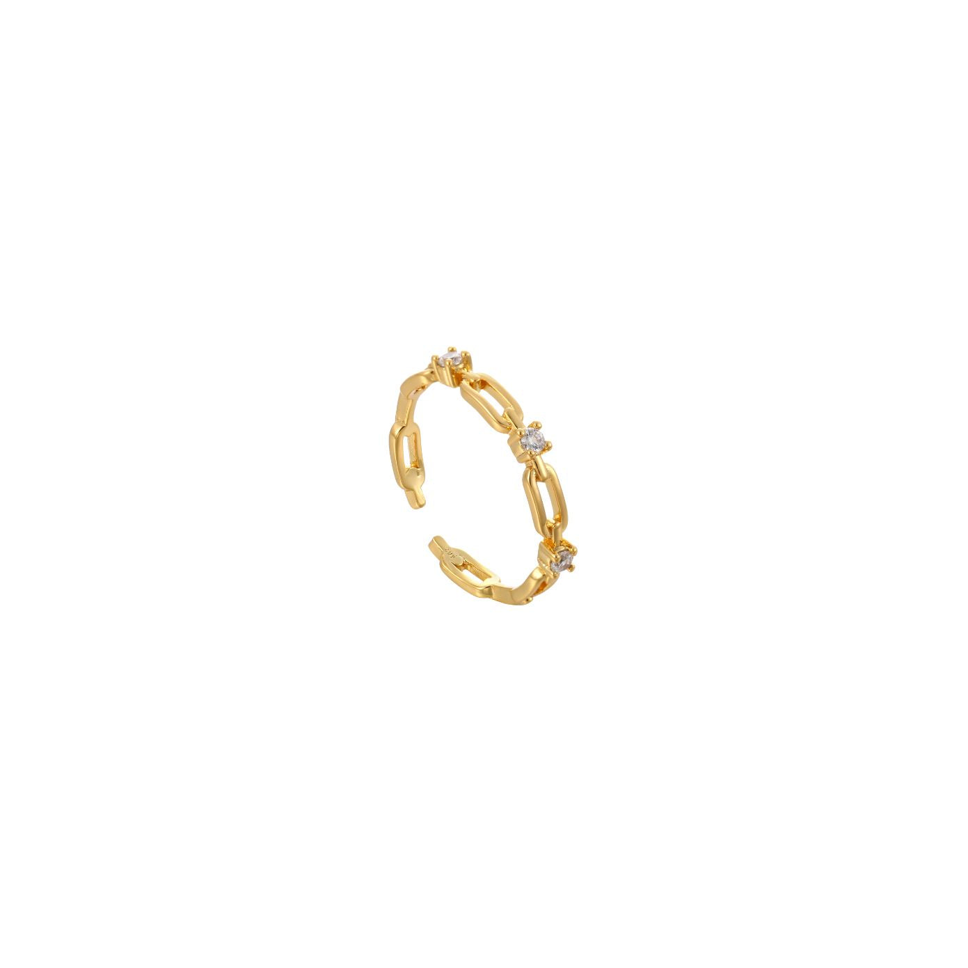 Gold open adjustable chain-link ring with round clear cubic zirconia stations, 18k gold plating.