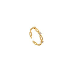 Gold open adjustable chain-link ring with round clear cubic zirconia stations, 18k gold plating.