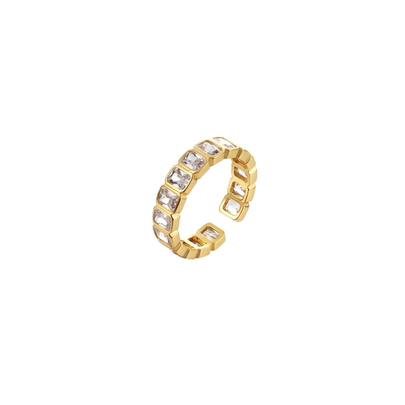 Gold open adjustable eternity-style ring lined with emerald-cut clear cubic zirconia, 18k gold plating.