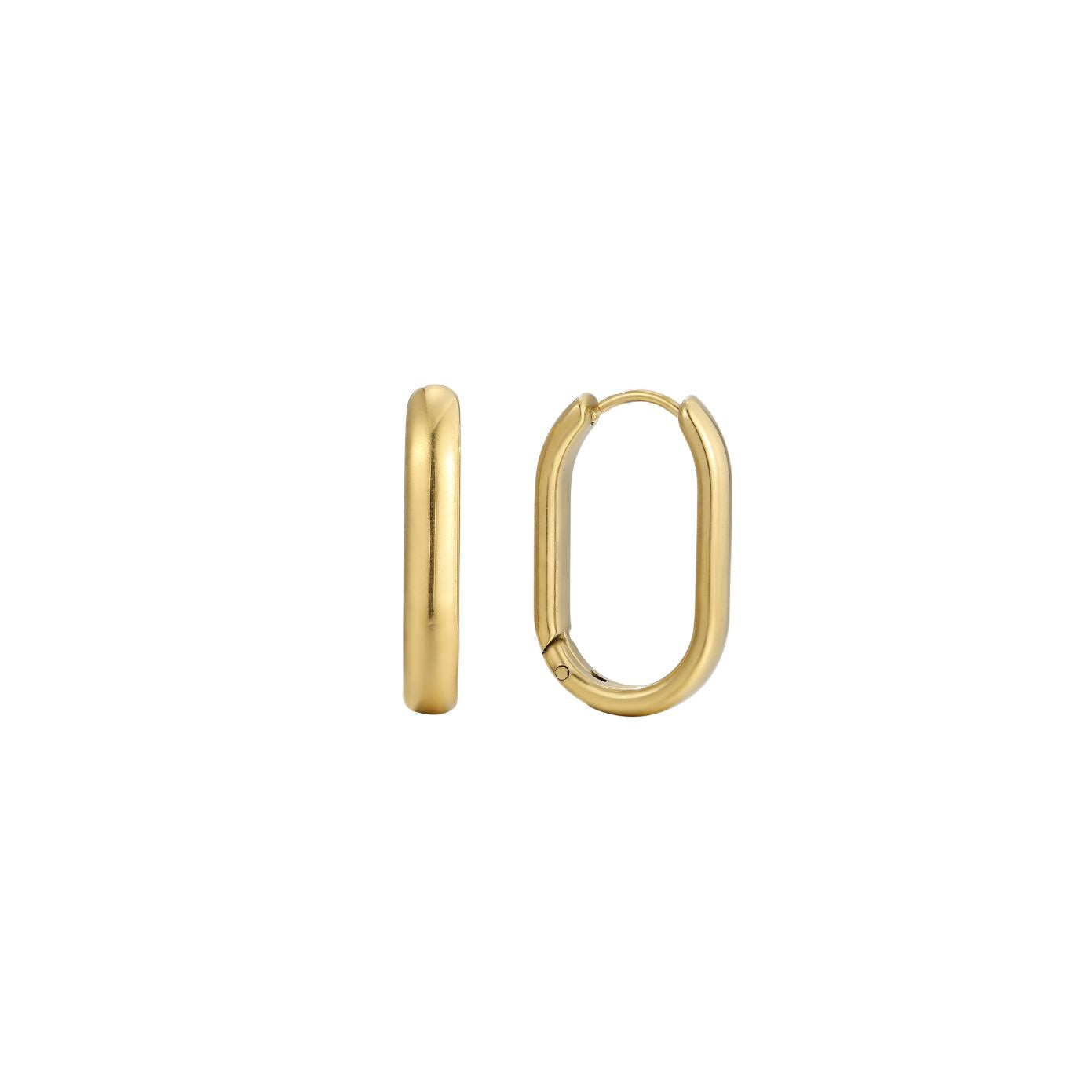 Elongated oval gold hoop earrings with a smooth high-polish finish and hinged closure, in 18k gold plating.