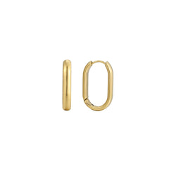 Elongated oval gold hoop earrings with a smooth high-polish finish and hinged closure, in 18k gold plating.