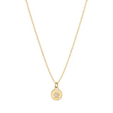 Dainty gold fine chain necklace with a round disc pendant featuring a cubic zirconia paw print, in 18k gold plating.