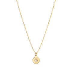 Dainty gold fine chain necklace with a round disc pendant featuring a cubic zirconia paw print, in 18k gold plating.