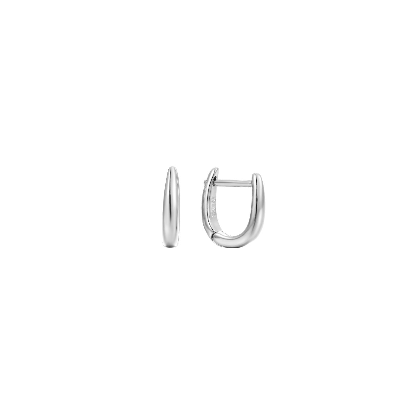 Small smooth silver huggie hoop earrings with a hinged closure, in stainless steel.