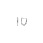 Small smooth silver huggie hoop earrings with a hinged closure, in stainless steel.