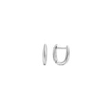 Small smooth silver huggie hoop earrings with a hinged closure, in stainless steel.