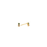Dainty gold two-stone stud earrings with a green and a clear cubic zirconia, post-back, in 18k gold plating.