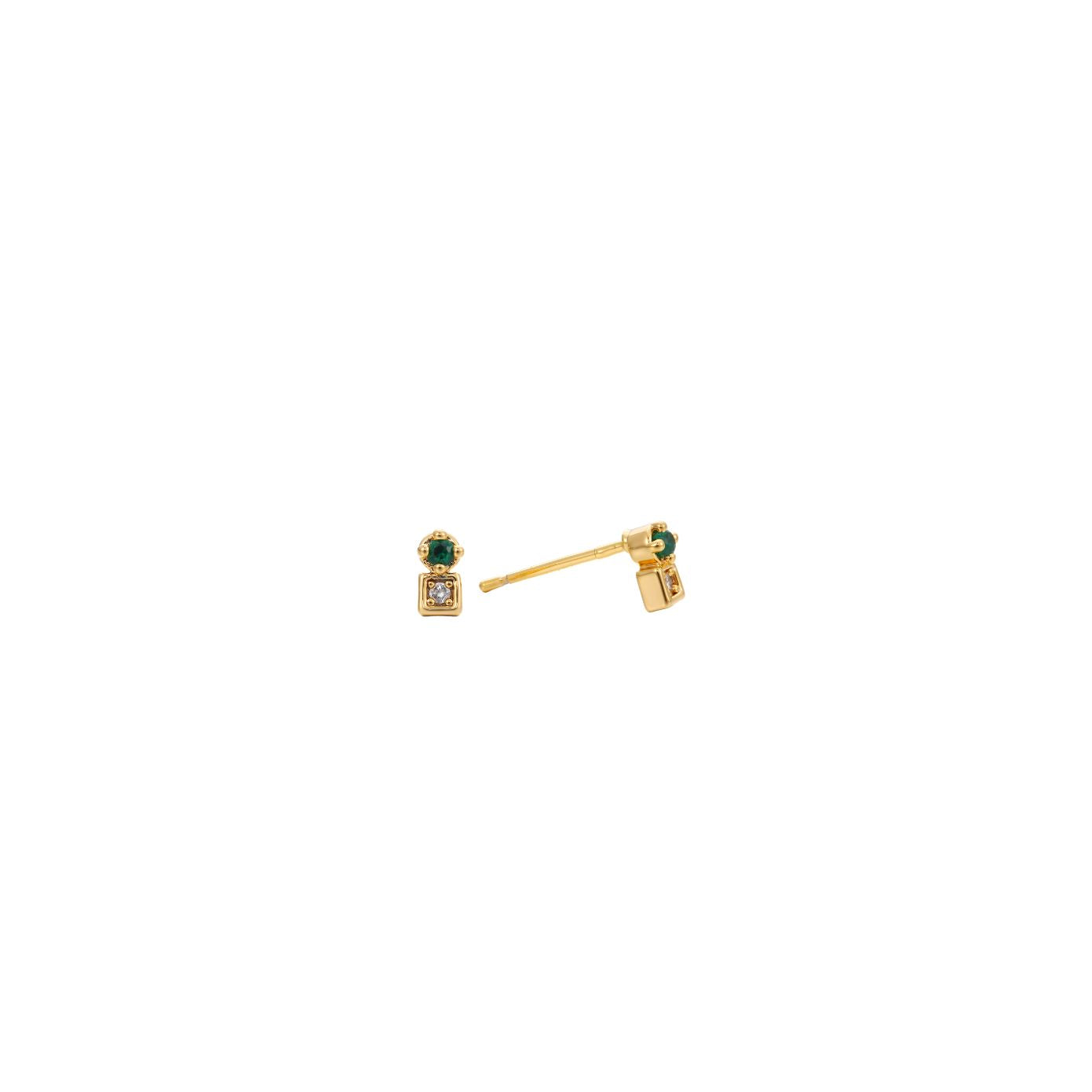 Dainty gold two-stone stud earrings with a green and a clear cubic zirconia, post-back, in 18k gold plating.