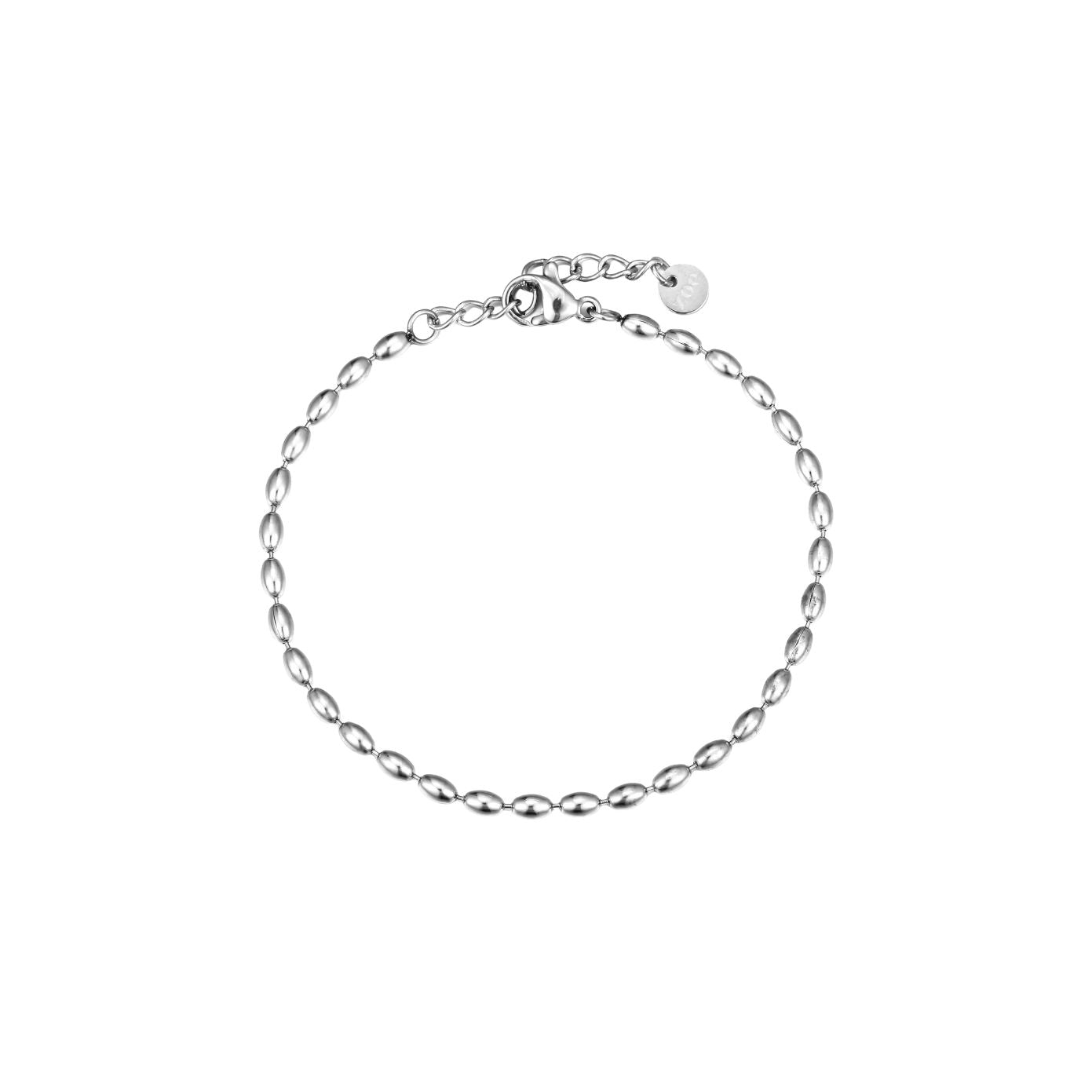 Dainty silver-tone oval-bead chain bracelet with a lobster clasp, adjustable extender, and Zoé disc tag, in stainless steel.