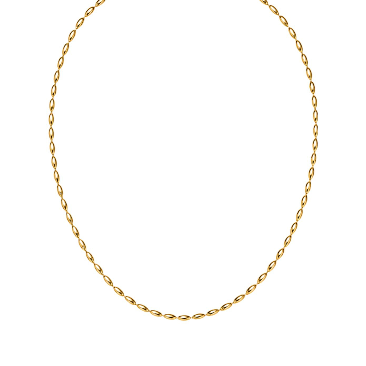 Dainty gold oval-bead chain necklace with a lobster clasp, adjustable extender, and Zoé disc tag, in 18k gold plating.