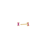 Dainty gold baguette stud earrings with a pink cubic zirconia, post-back, in 18k gold plating.