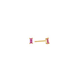 Dainty gold baguette stud earrings with a pink cubic zirconia, post-back, in 18k gold plating.
