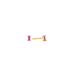 Dainty gold baguette stud earrings with a pink cubic zirconia, post-back, in 18k gold plating.