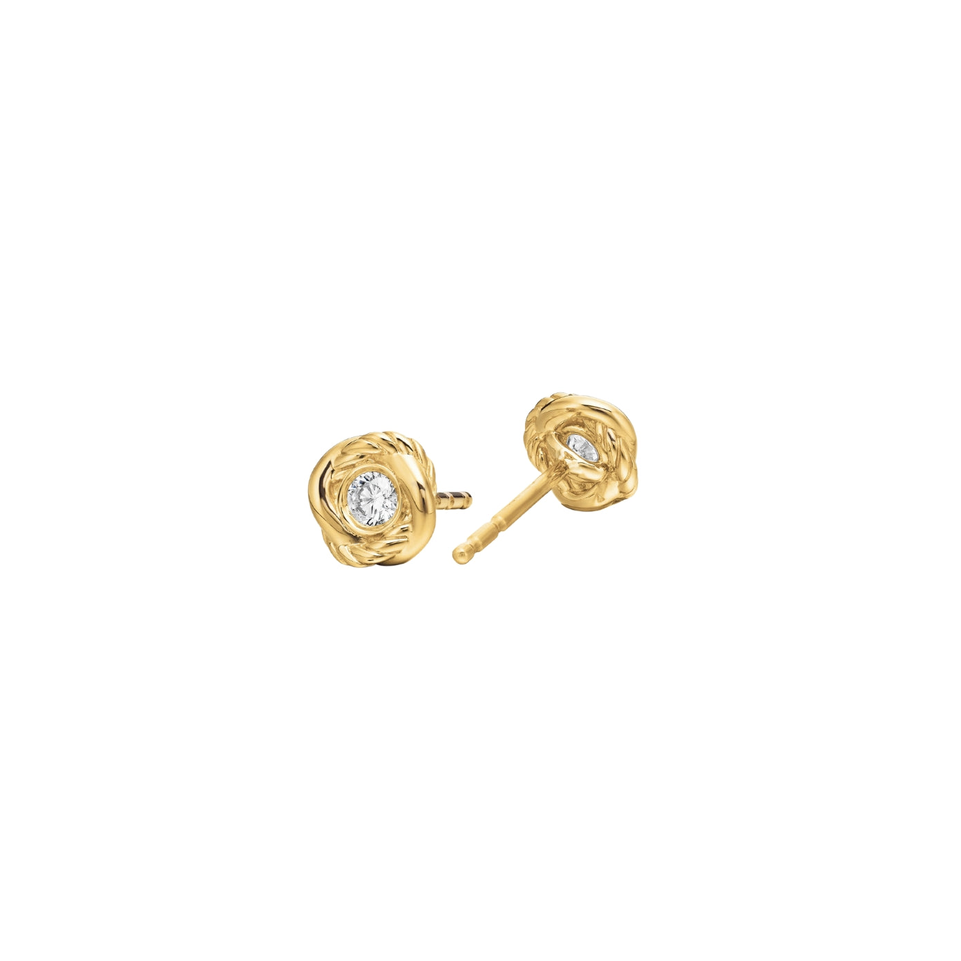 Gold stud earrings with a clear cubic zirconia centre framed by a twisted-rope halo, side angle, post-back, 18k gold plating.