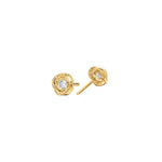 Gold stud earrings with a clear cubic zirconia centre framed by a twisted-rope halo, side angle, post-back, 18k gold plating.