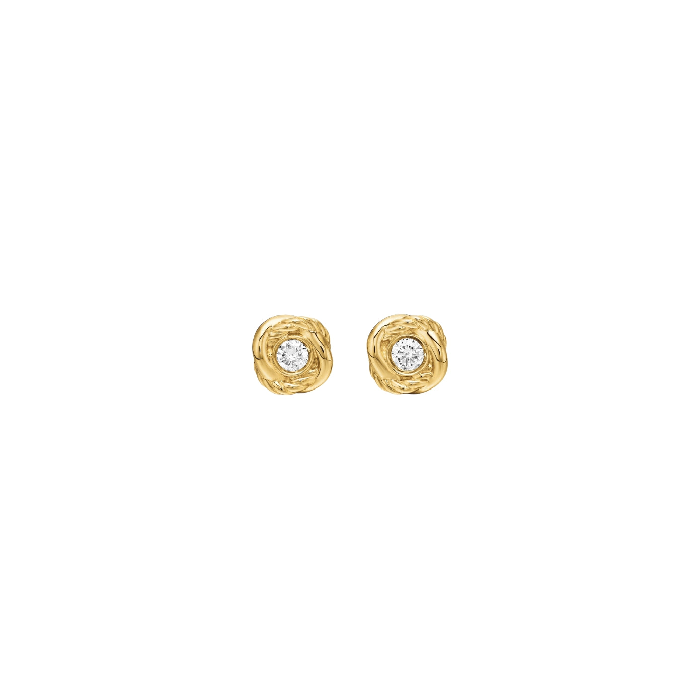 Gold stud earrings with a clear cubic zirconia centre framed by a twisted-rope halo, post-back, 18k gold plating.