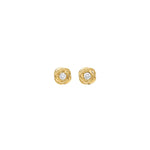 Gold stud earrings with a clear cubic zirconia centre framed by a twisted-rope halo, post-back, 18k gold plating.