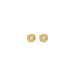 Gold stud earrings with a clear cubic zirconia centre framed by a twisted-rope halo, post-back, 18k gold plating.
