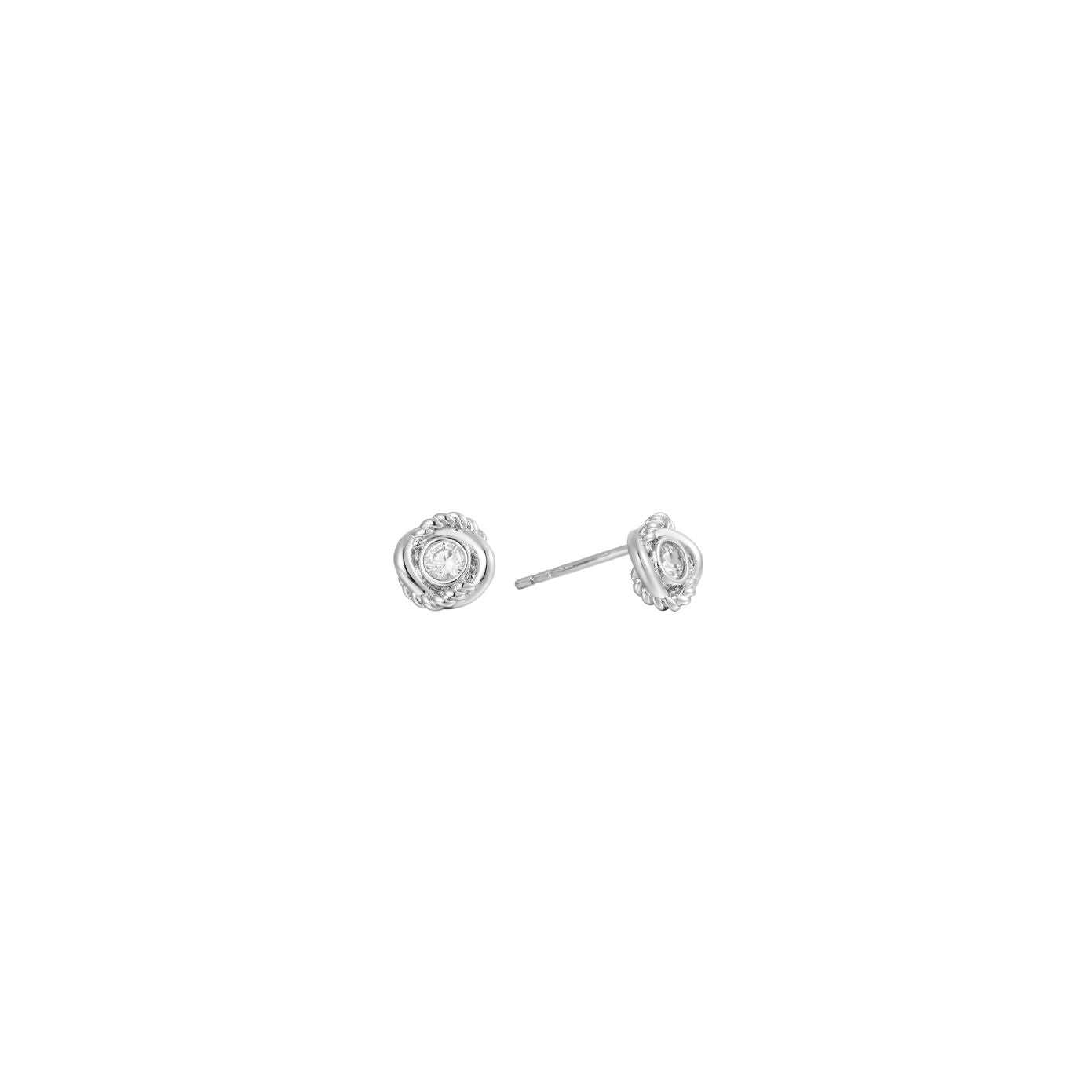 Silver stud earrings with a clear cubic zirconia centre framed by a twisted-rope halo, post-back, in stainless steel.