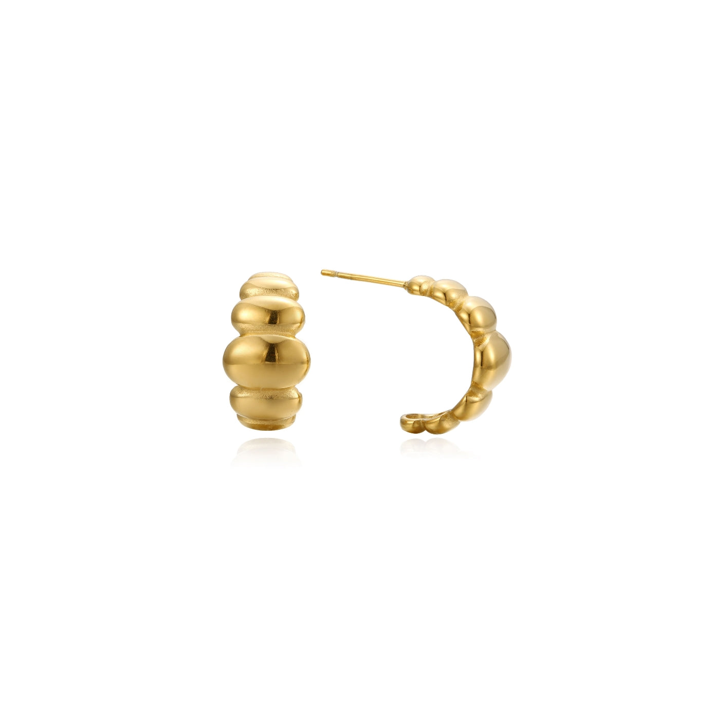Chunky gold C-hoop earrings with a ribbed, stacked-dome texture in 18k gold-plated stainless steel, on posts.
