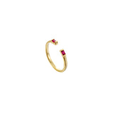 Dainty gold open-front adjustable ring with two red cubic zirconia baguettes, 18k gold plating.