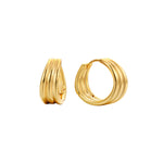 Chunky gold huggie hoop earrings with a ribbed multi-line texture, hinged closure, in 18k gold plating.