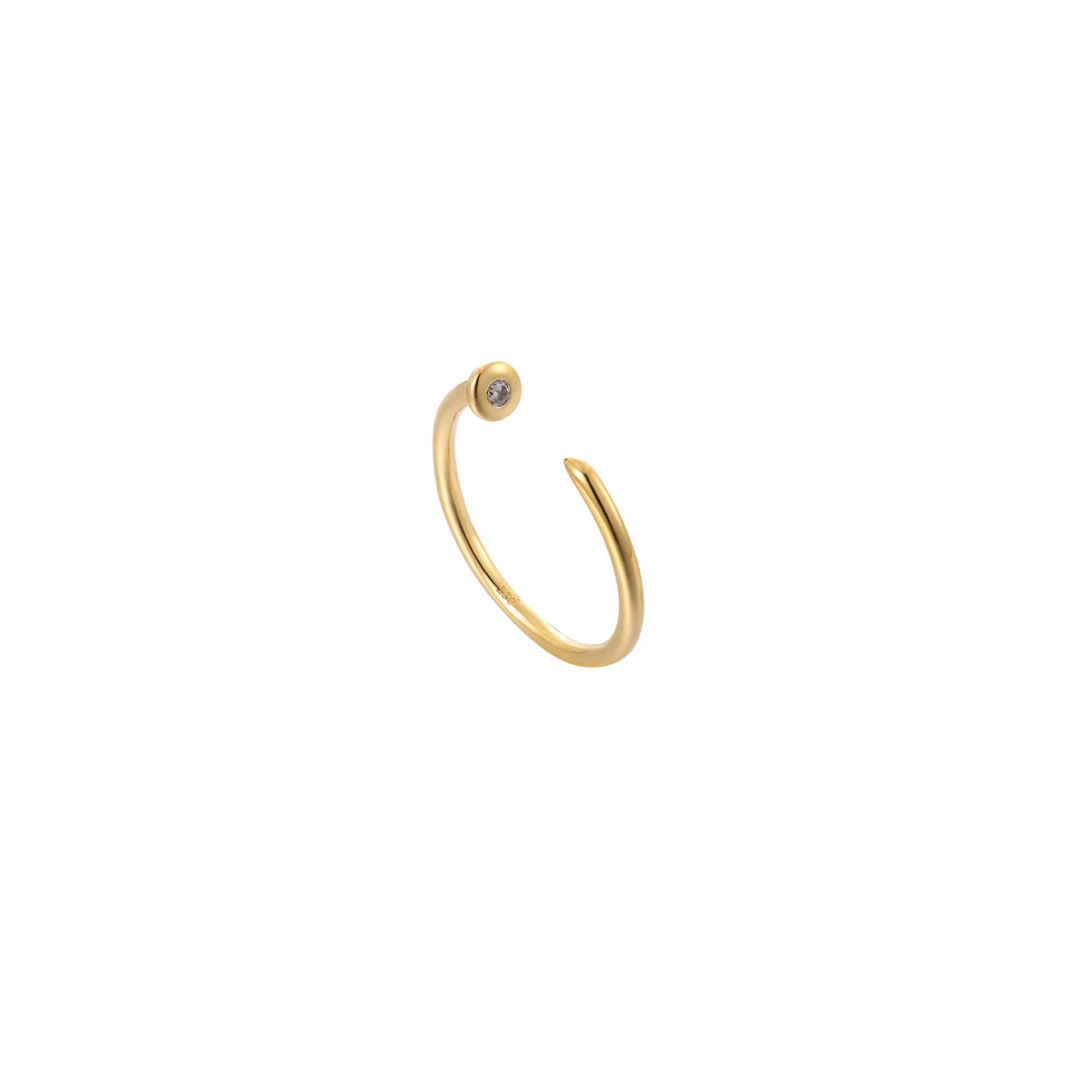 Minimal gold nail-style open cuff ring with a single clear cubic zirconia, adjustable, 18k gold plating.