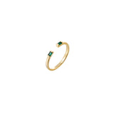 Dainty gold open-front adjustable ring with two green cubic zirconia baguettes, 18k gold plating.