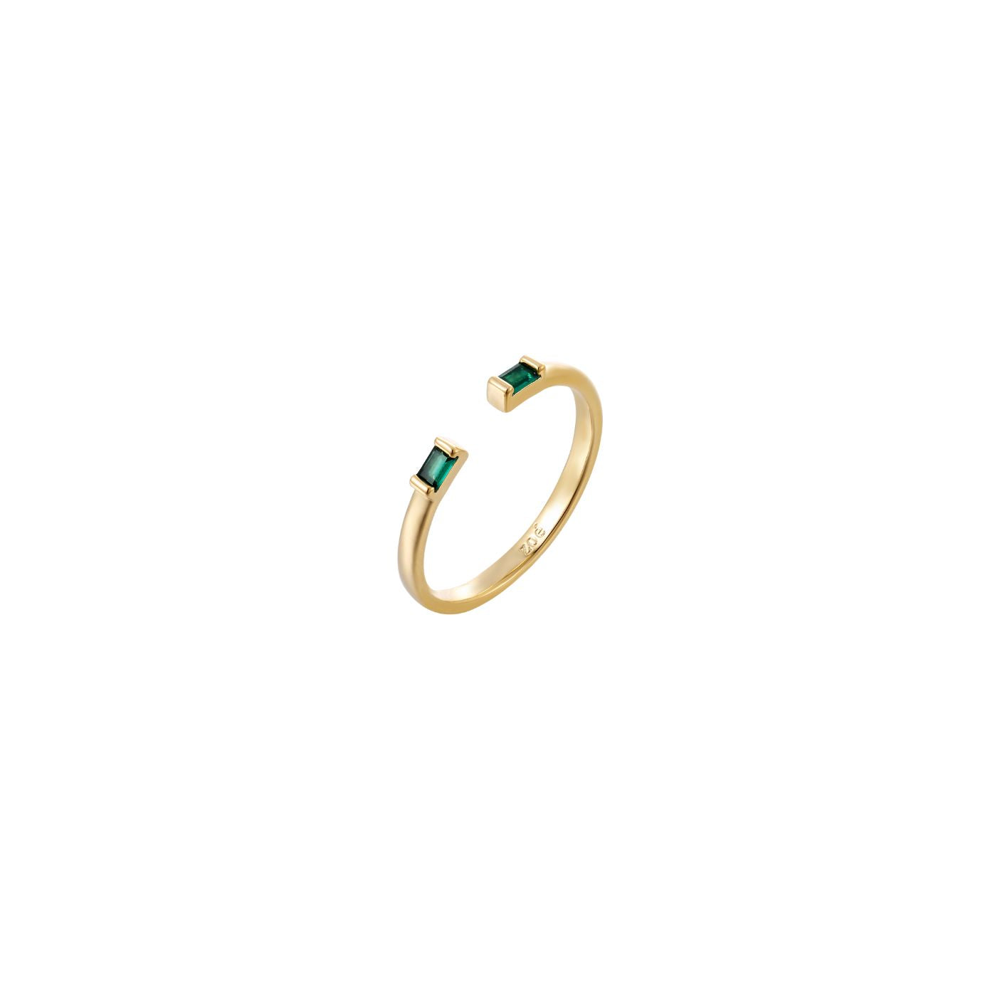 Dainty gold open-front adjustable ring with two green cubic zirconia baguettes, 18k gold plating.