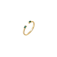 Dainty gold open-front adjustable ring with two green cubic zirconia baguettes, 18k gold plating.