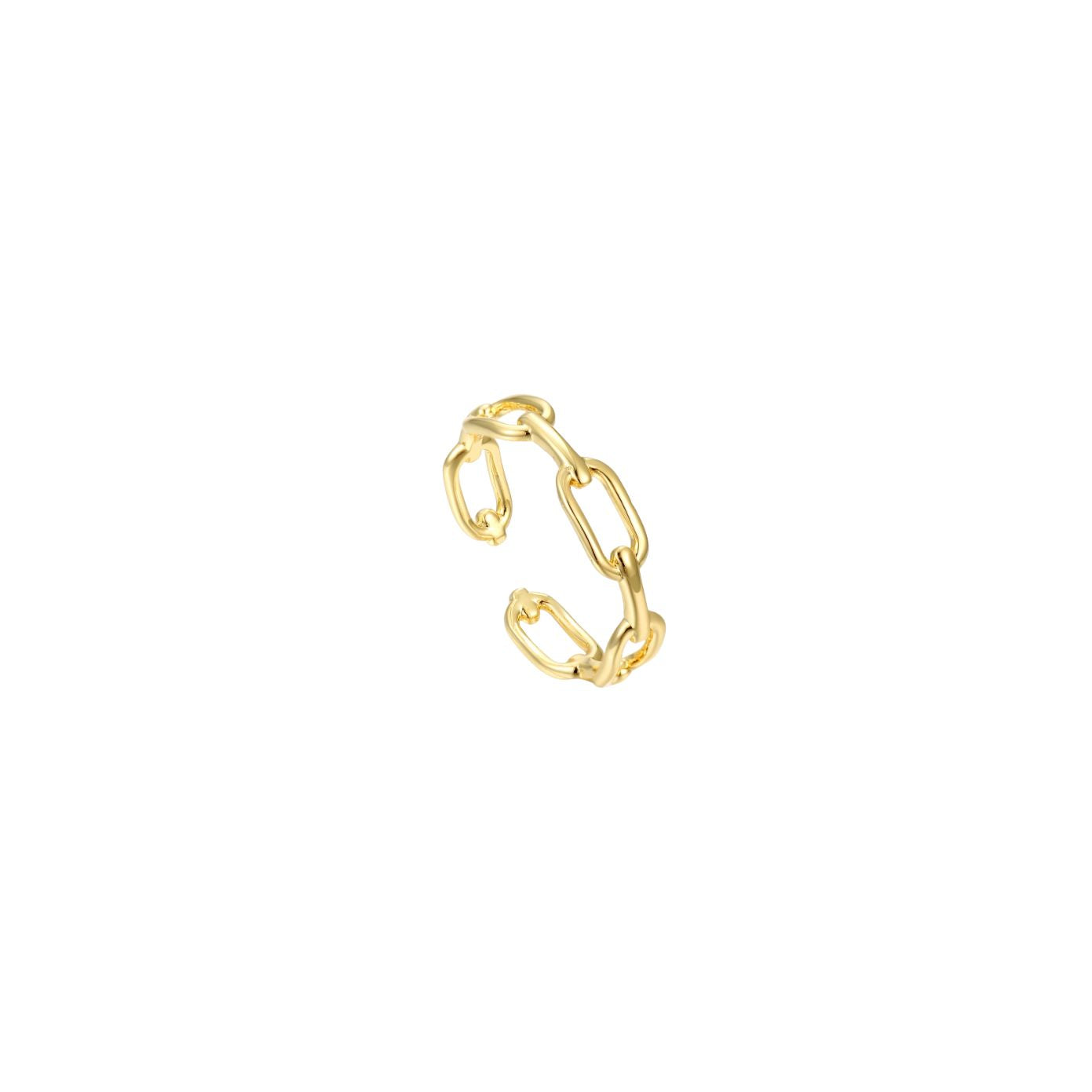 Gold open adjustable ring with a chain-link design and high-polish finish, 18k gold plating.