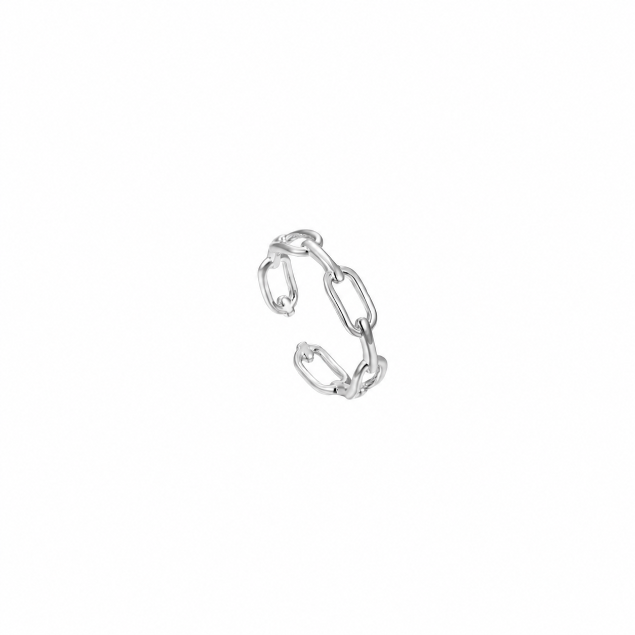 Silver-tone open adjustable ring with a chain-link design and high-polish finish, stainless steel.