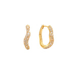 Gold wavy hoop earrings fully pavé-set with clear cubic zirconia, hinged closure, in 18k gold plating.
