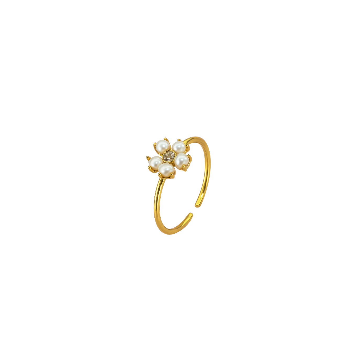 Dainty gold open adjustable ring with a pearl flower and clear cubic zirconia centre, 18k gold plating.