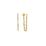 Gold draped chain earrings with clear baguette and round cubic zirconia, post-back, in 18k gold plating.