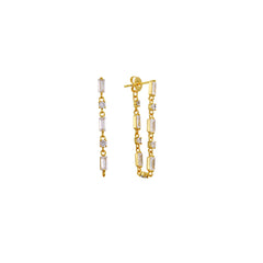 Gold draped chain earrings with clear baguette and round cubic zirconia, post-back, in 18k gold plating.