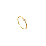 Dainty gold open adjustable twisted-rope ring with a single clear cubic zirconia, 18k gold plating.