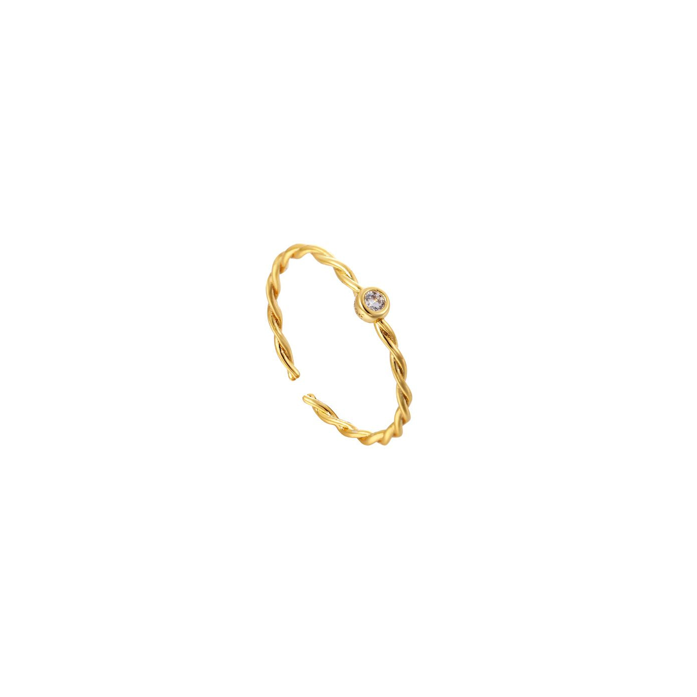 Dainty gold open adjustable twisted-rope ring with a single clear cubic zirconia, 18k gold plating.
