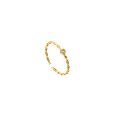 Dainty gold open adjustable twisted-rope ring with a single clear cubic zirconia, 18k gold plating.