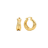 Chunky gold twisted double-strand hoop earrings, hinged closure, in 18k gold plating