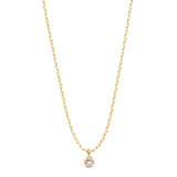 Gold paperclip chain necklace with a round clear cubic zirconia solitaire pendant in an organic bezel, lobster clasp, adjustable extender, and Zoé disc tag, in 18k gold plating.