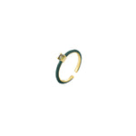 Dainty gold open adjustable ring with a green enamel band and a green cubic zirconia, 18k gold plating.