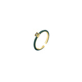Dainty gold open adjustable ring with a green enamel band and a green cubic zirconia, 18k gold plating.